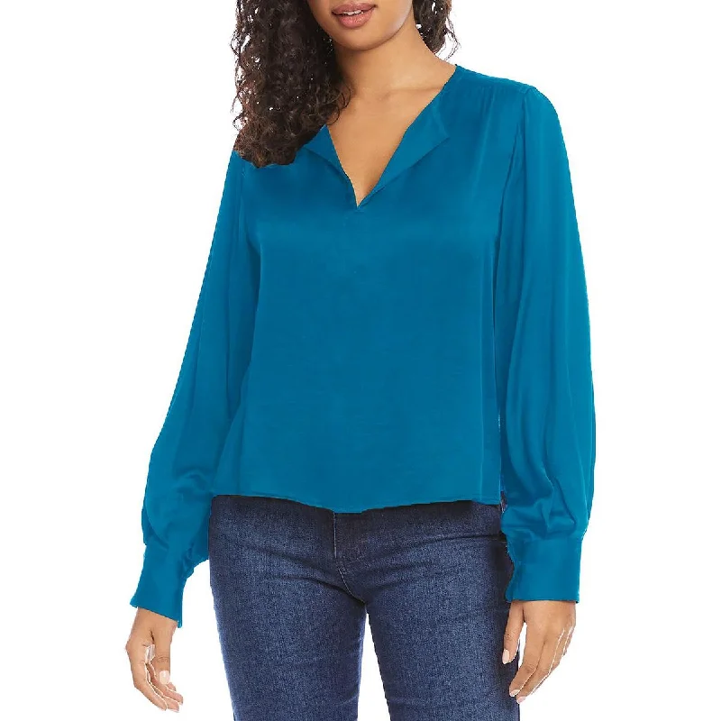 Karen Kane Womens Satin Split Neck Blouse Casual Relaxed Blouse