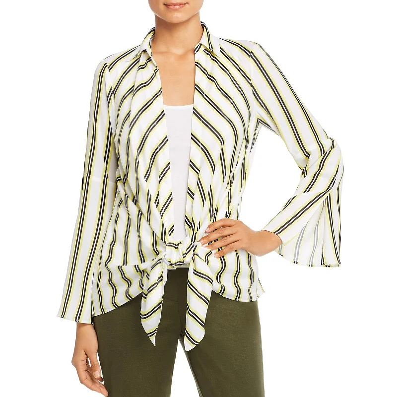 Kenneth Cole New York Womens Striped Tie Front Blouse Silky Draped Blouse