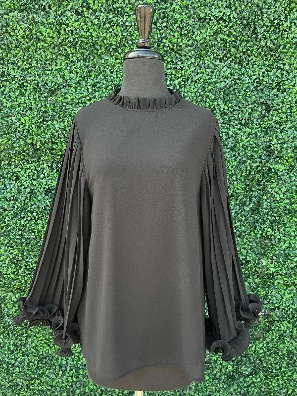 Ruffle Pleat Long Sleeve Blouse Elegant Lace Blouse