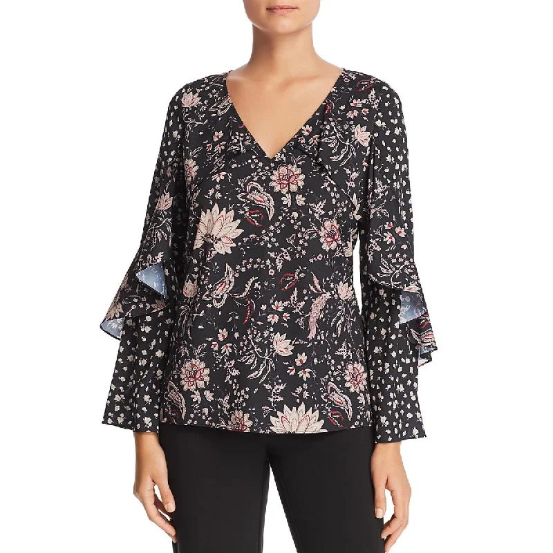 Le Gali Womens Lissa Bell Sleeves Floral Blouse Feminine Tie Blouse