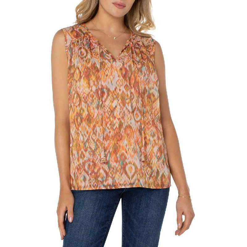 Liverpool Los Angeles Womens Shirred Tie Front Blouse Pleated Collar Blouse