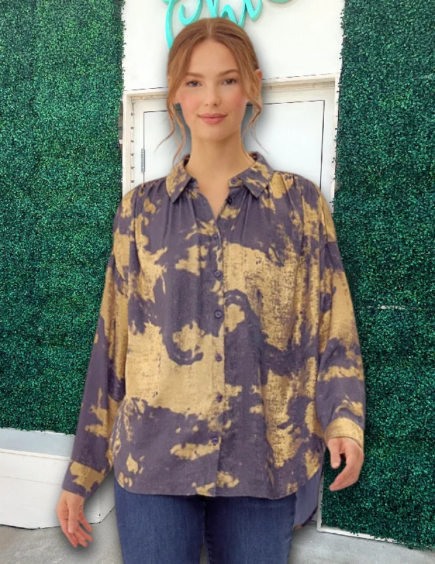 Denim and Gold Foil Blouse Pleated Collar Blouse