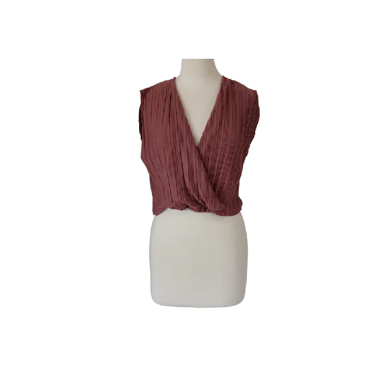Mango Rose Pink Pleated Cropped Blouse | Gently Used | Embellished Collar Blouse