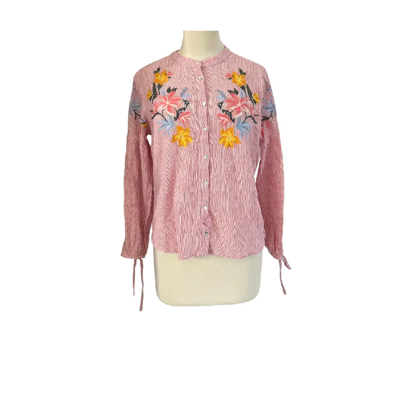 Max Pink & White Striped Floral Embroidered Blouse | Gently Used | Classic Striped Blouse