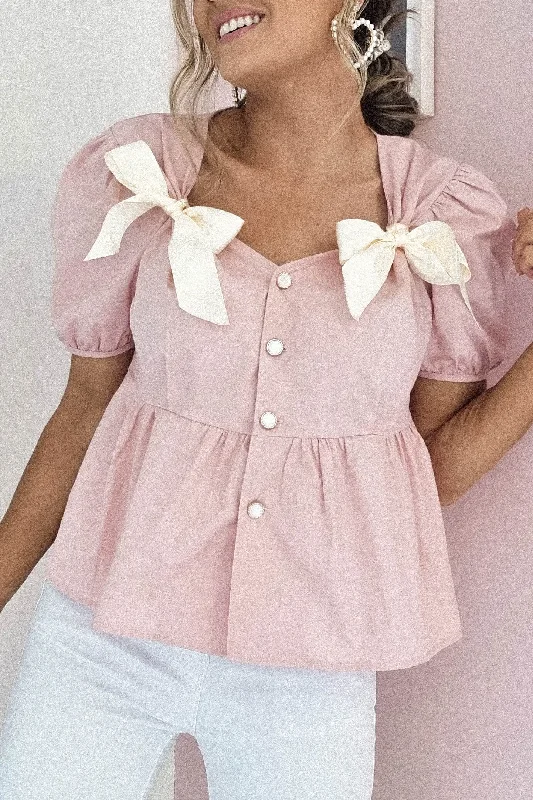 Minnie Bow Detail Blouse | Pink Drape Neck Blouse