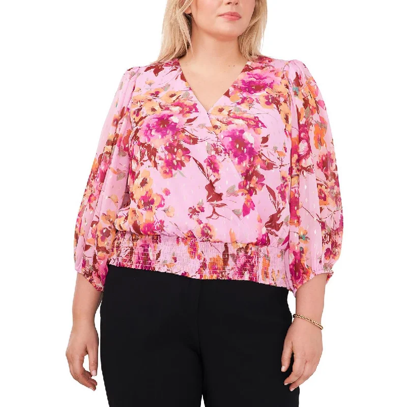 MSK Womens Plus Metallic V-Neck Blouse Oversized Silk Blouse