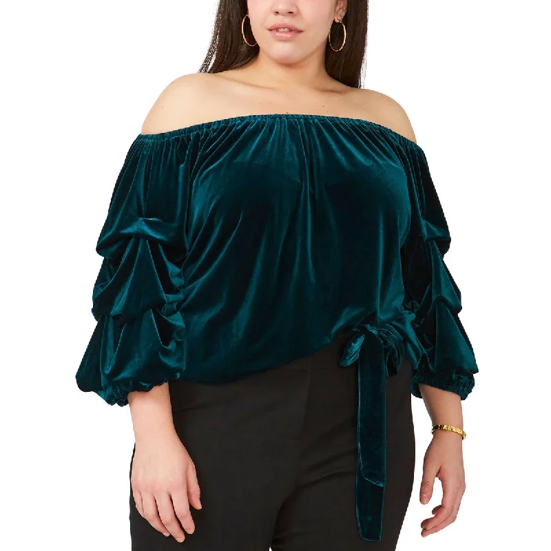 MSK Womens Plus Velvet Off-The-Shoulder Blouse Collared Satin Blouse