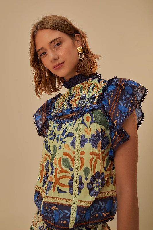 Green Ocean Tapestry Lace Blouse Chic Off-Shoulder Blouse