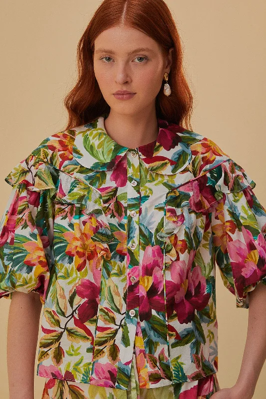 Off-White Painted Flowers Short Sleeve Blouse Pastel Color Blouse