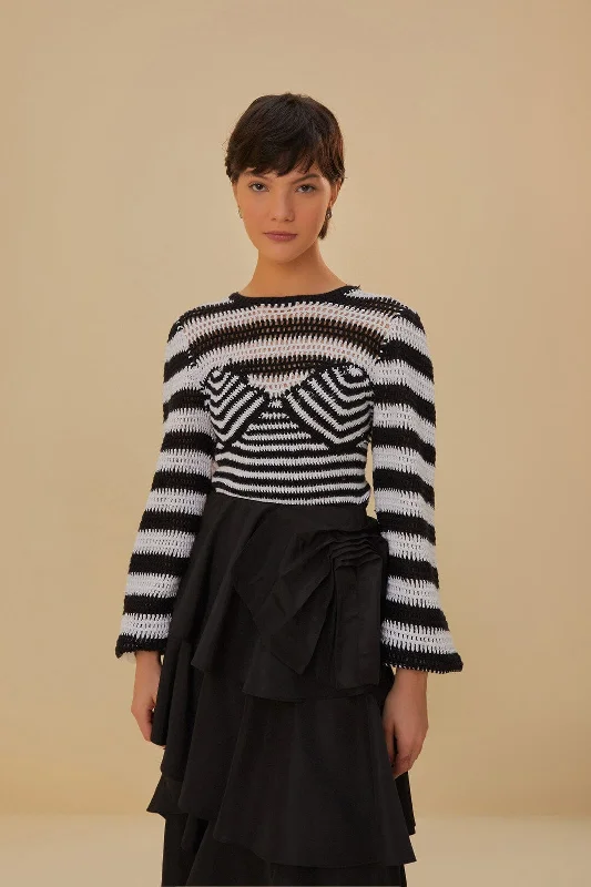 Black and White Stripes Crochet Blouse Vintage Lace Blouse