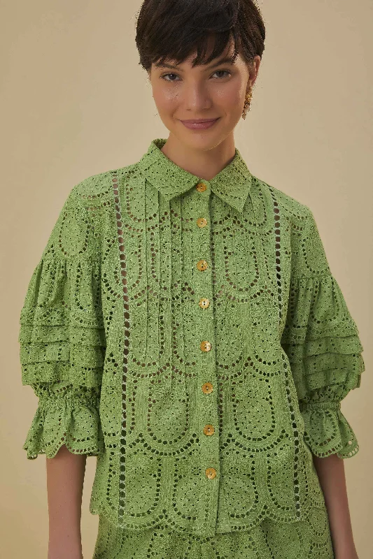 Green Pineapple Eyelet Blouse Chic Wrap Blouse