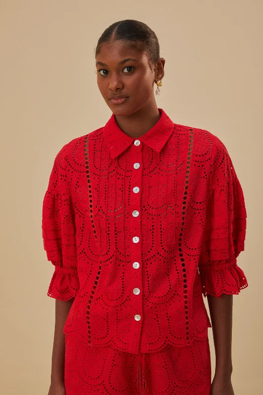 Red Pineapple Eyelet Blouse Satin Drape Blouse