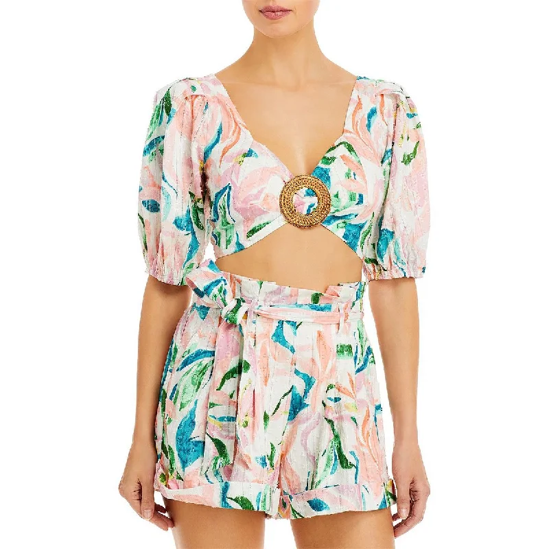 Rahi Womens Maui Printed Cropped Blouse Chic Wrap Blouse