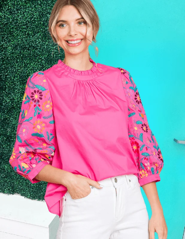 Embroidered Bouquet Bliss Blouse Sheer Sleeve Blouse