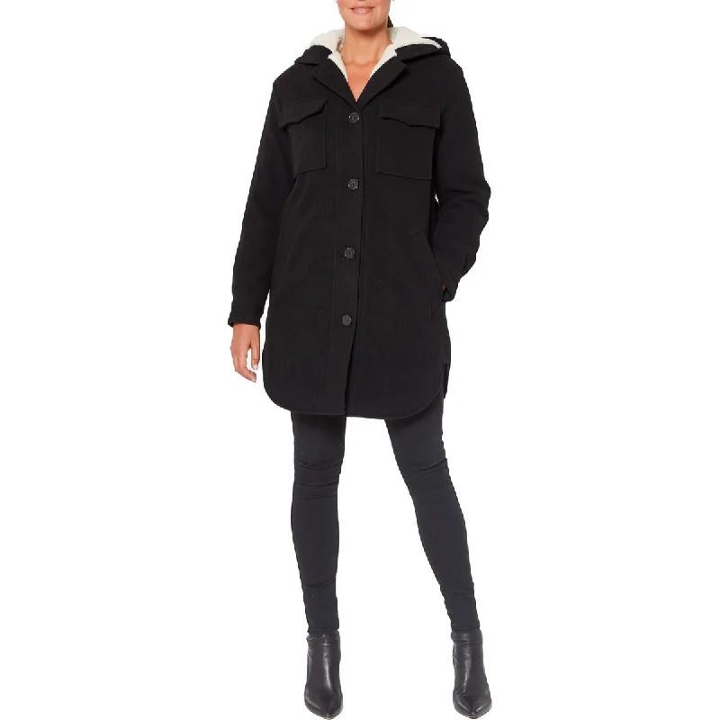 Sanctuary Women's Plaid Wool Blend Fleece Lined Mid-Length Shacket Embellished Collar Blouse