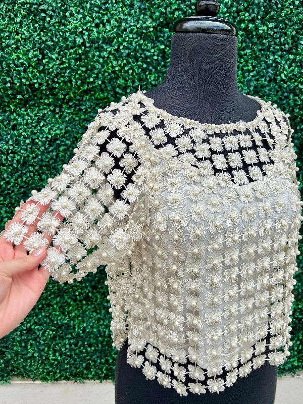 Pearl Overlay Blouse Delicate Bow Blouse