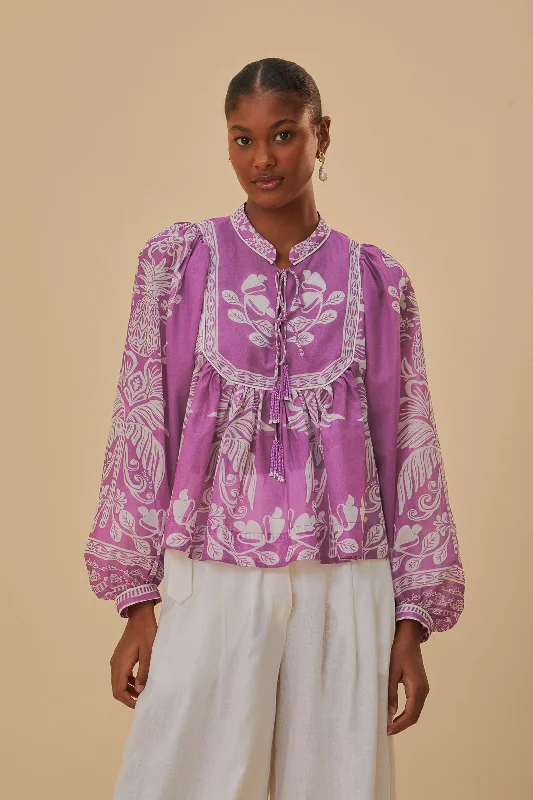 Lilac Sweet Garden Long Sleeve Blouse Feminine Satin Blouse