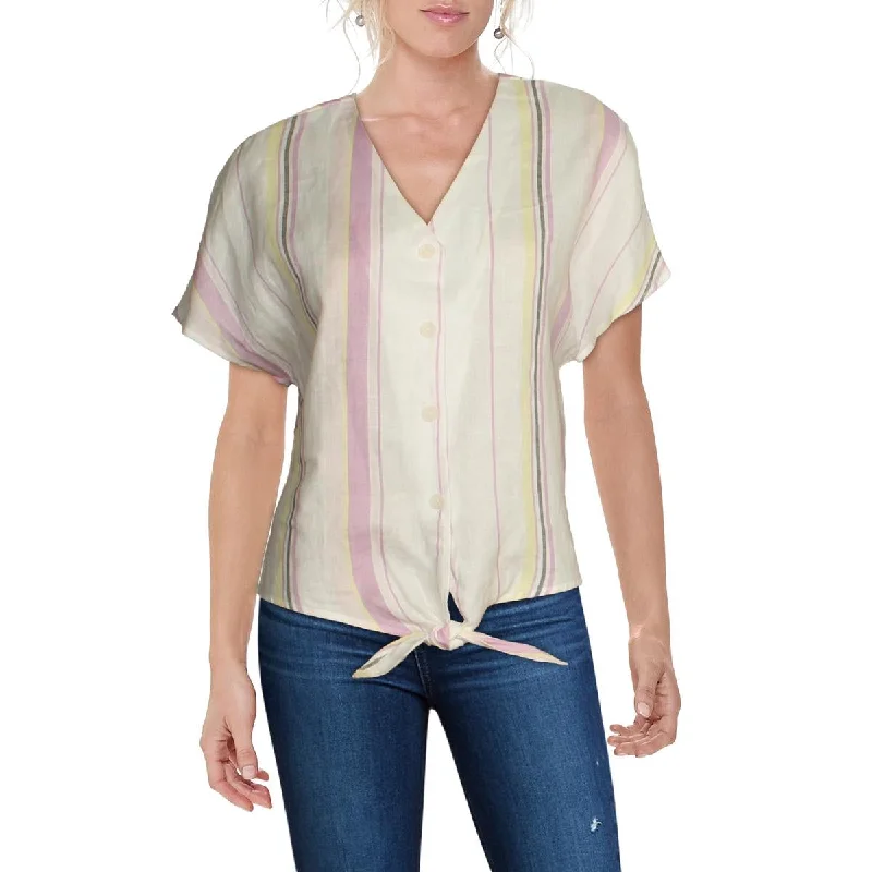 Three Dots Women's Linen Striped Button Down Tie Front Blouse Feminine Pastel Blouse