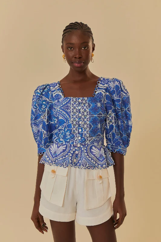 Blue Tile Dream Short Sleeve Blouse Ruffled Neck Blouse