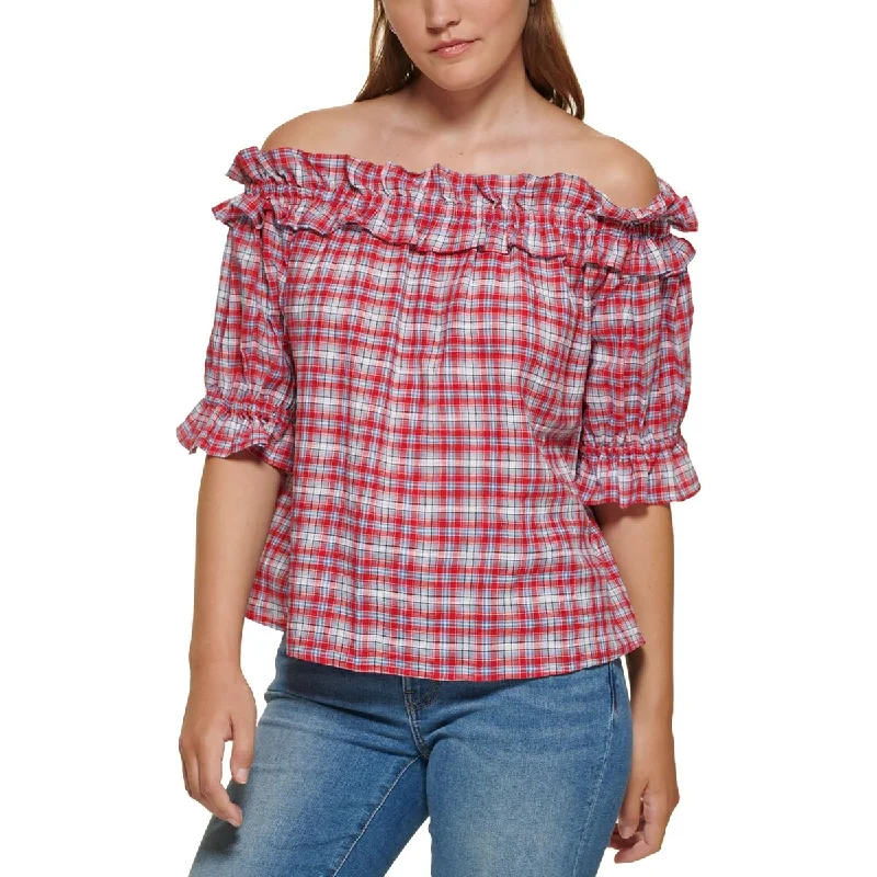 Tommy Hilfiger Womens Ruffled Plaid Blouse Casual Stripe Blouse