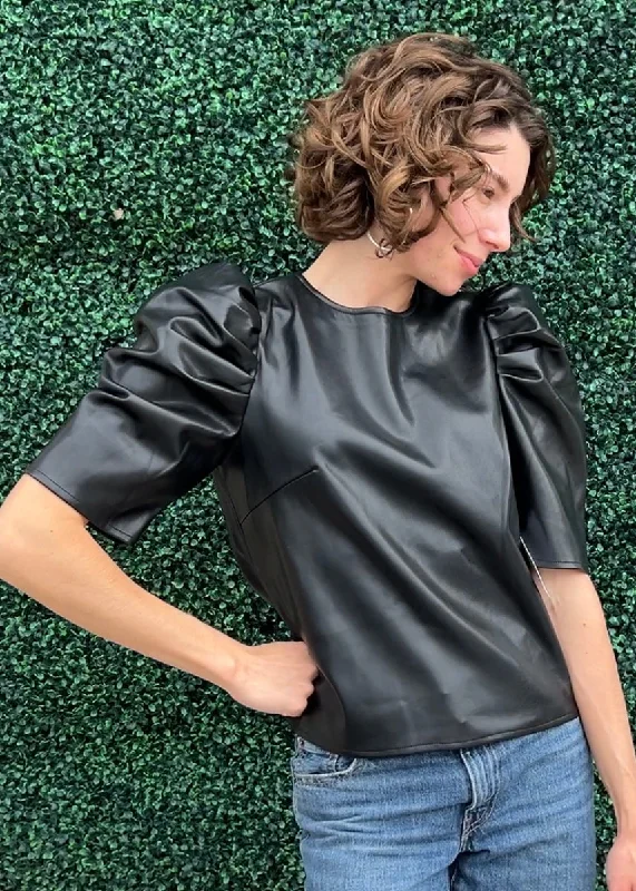Vegan Leather Puff Blouse Relaxed Fit Blouse