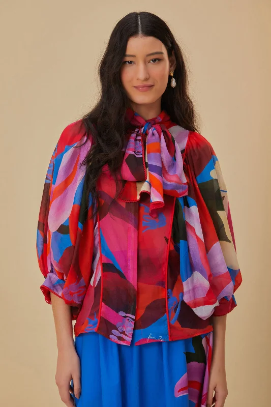 Watercolor Floral Blue Long Sleeve Blouse Flowy Bohemian Blouse