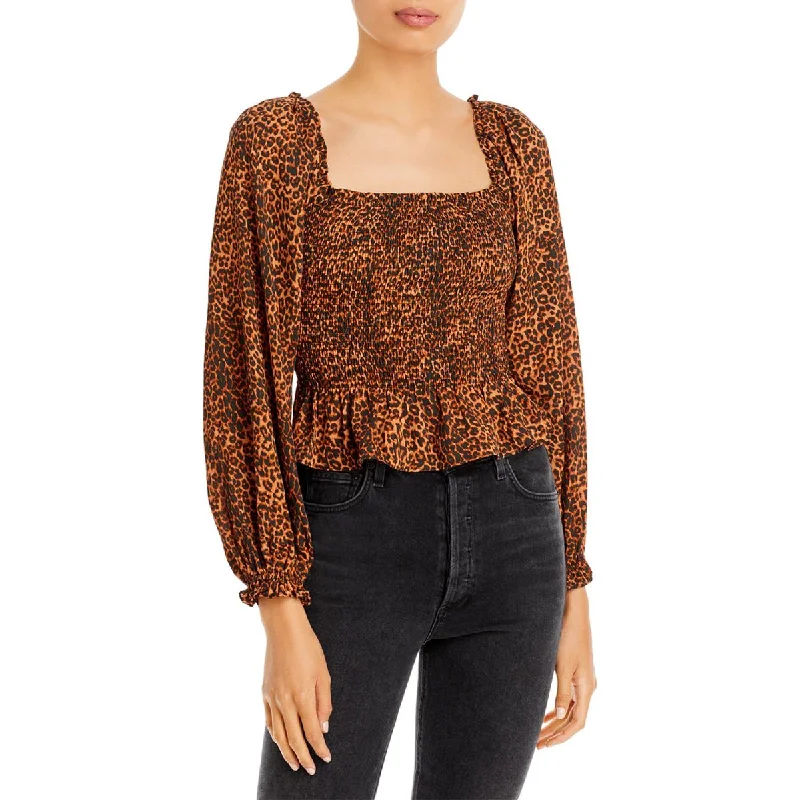 WAYF Womens Jackie Chiffon Animal Print Blouse Embellished Collar Blouse