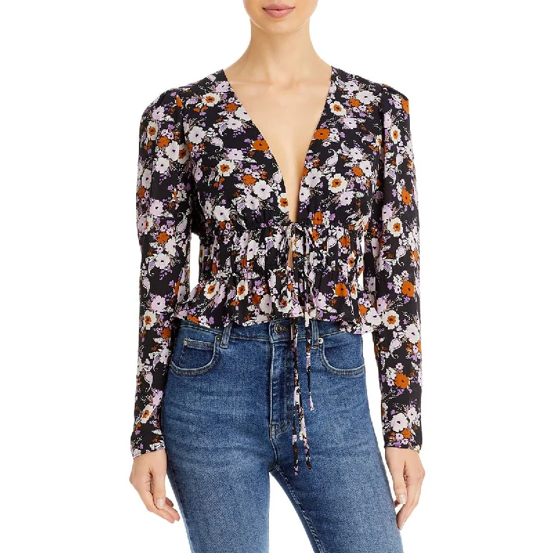 WAYF Womens Sammie Floral Print Tie Front Blouse Soft Pastel Blouse
