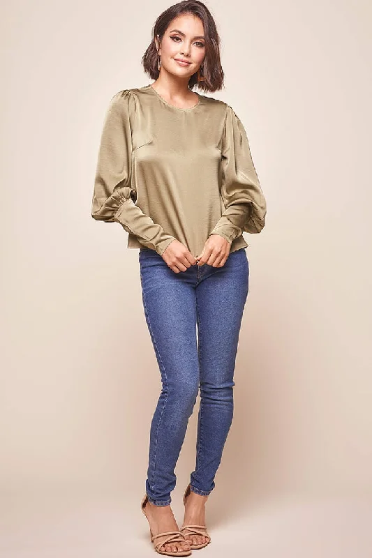 Westminster Leg-of-Mutton Sleeve Blouse Olive Collared Satin Blouse