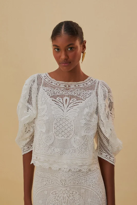 White Guipure Short Sleeve Blouse Oversized Silk Blouse