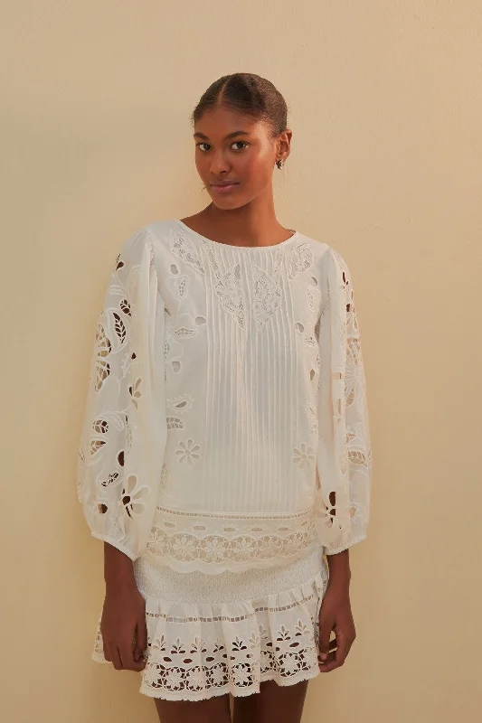 White Richelieu Short Sleeve Blouse Feminine Puff Blouse
