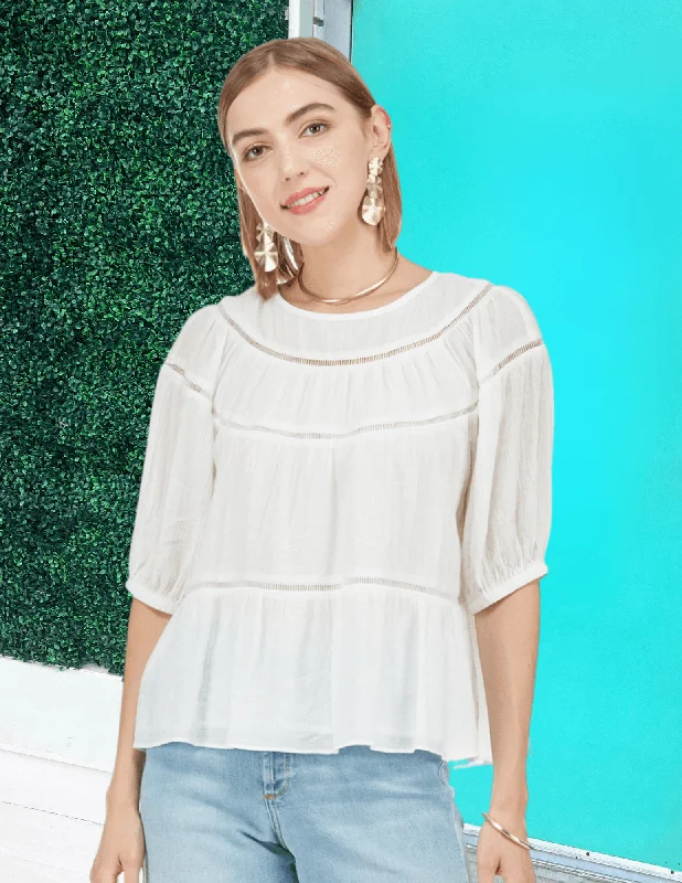 Curved Yoke Blouse Elegant Semi-Sheer Blouse