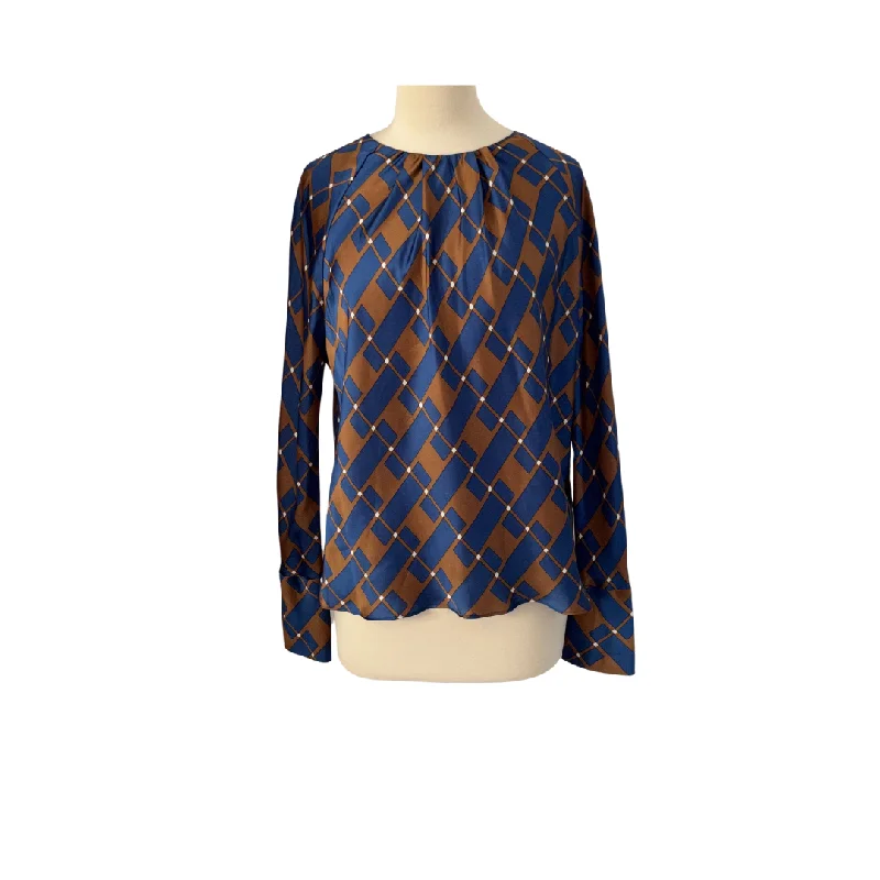 Zara Blue & Brown Printed Satin Blouse | Pre Loved | Feminine Pastel Blouse