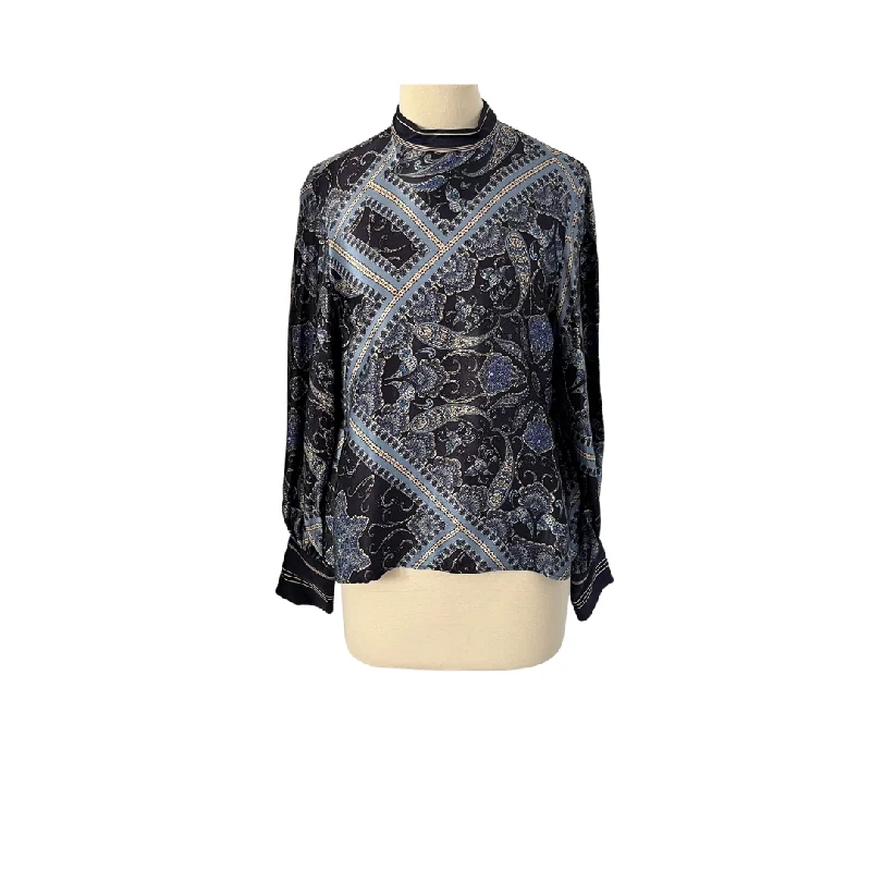 Zara Blue Printed High-neck Satin Blouse | Gently Used | Elegant Peplum Blouse