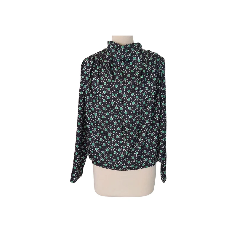 Zara Black & Green Printed Satin Mock-Neck Blouse | Like New | Business Casual Blouse