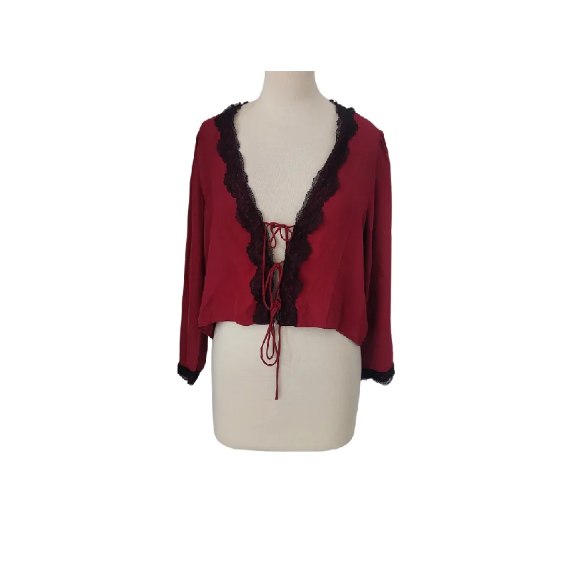 Zara Maroon & Black Lace Front-tie Satin Blouse | Pre Loved | Off-Shoulder Wrap Blouse