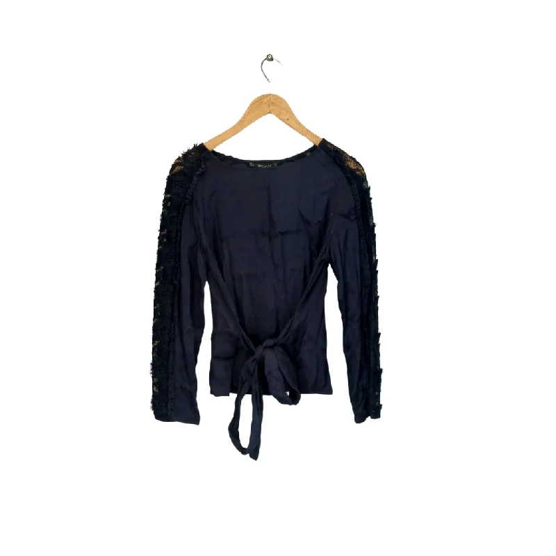 ZARA Navy Satin Lace Back-tie Blouse  | Brand New | Puff Sleeve Blouse