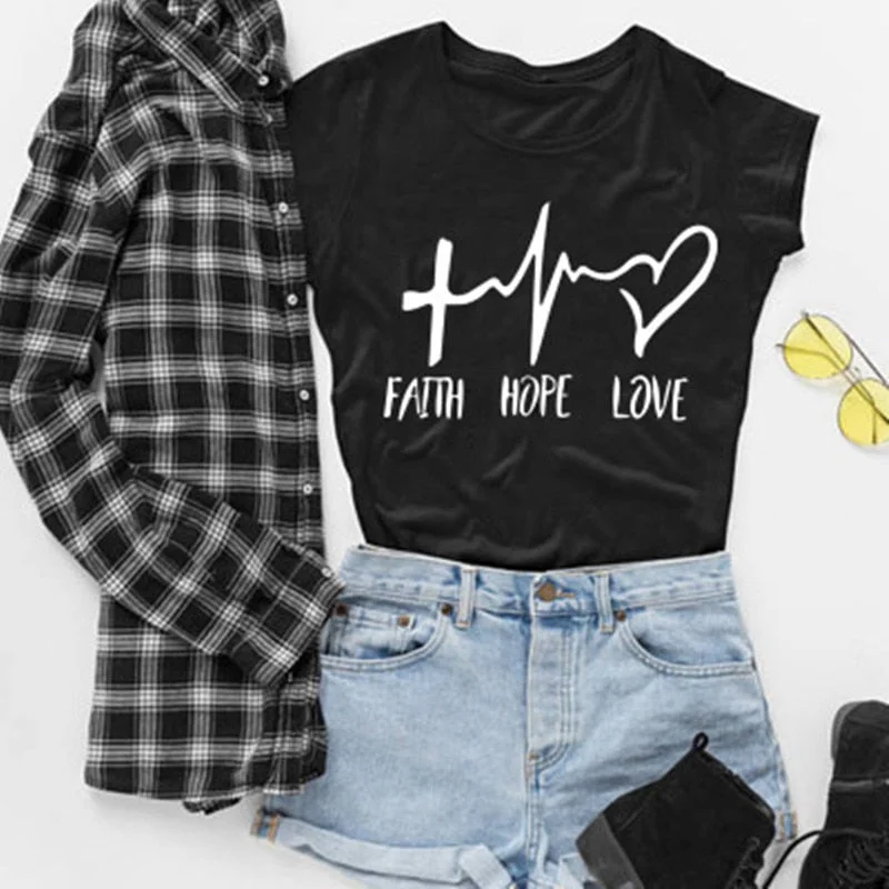 2019 New Fashion shirts Fashion Faith Hope Love Letters Print Tops Tshirt Funny Christianity God Tee Gift Classic Button-Up Short Tee