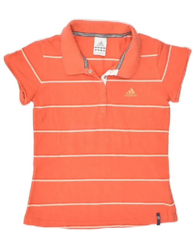 ADIDAS Womens Polo Shirt UK 10 Small Orange Striped Cotton Modern Short Sleeve Top