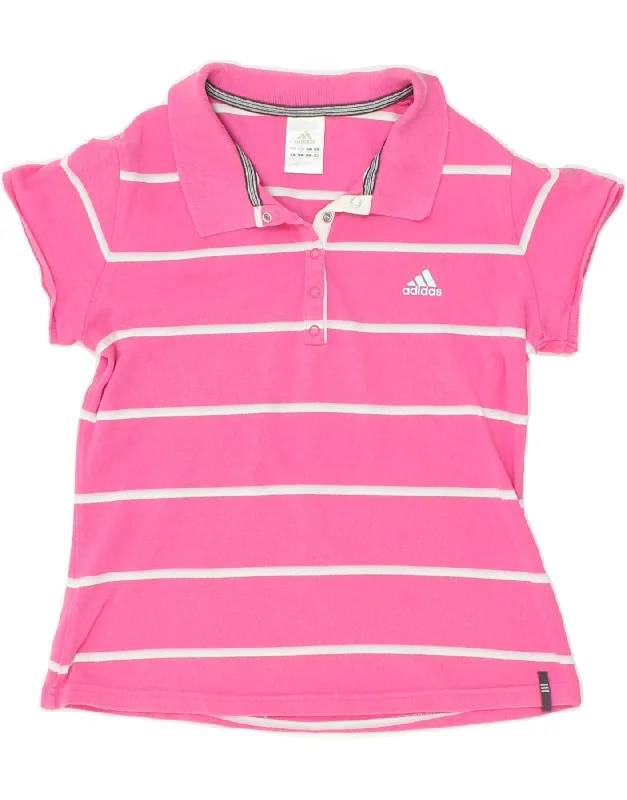 ADIDAS Womens Polo Shirt UK 14 Medium Pink Striped Cotton Elegant High-Low Short Shirt