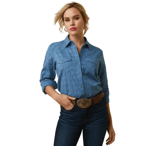 Ariat Women's Sharing Copen Blue Long Sleeve Button Down Shirt 10043657 Comfortable Fit Short Shirt