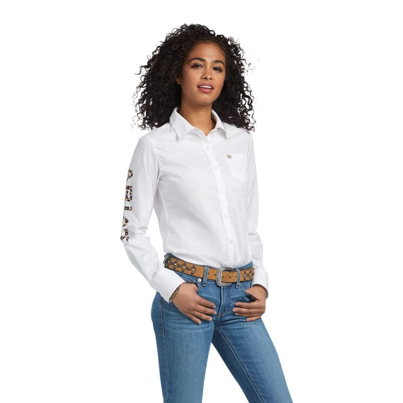 Ariat Women's Team Kirby Wrinkle Resist White Long Sleeve Stretch Shirt 10039457 Stylish Round Neck Shirt