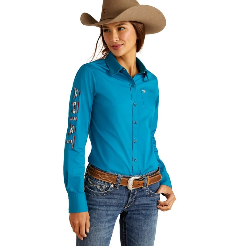 Ariat Women's Wrinkle Resist Team Kirby Crystal Teal Long Sleeve Stretch Shirt 10046562 Comfortable Short Sleeve Blouse