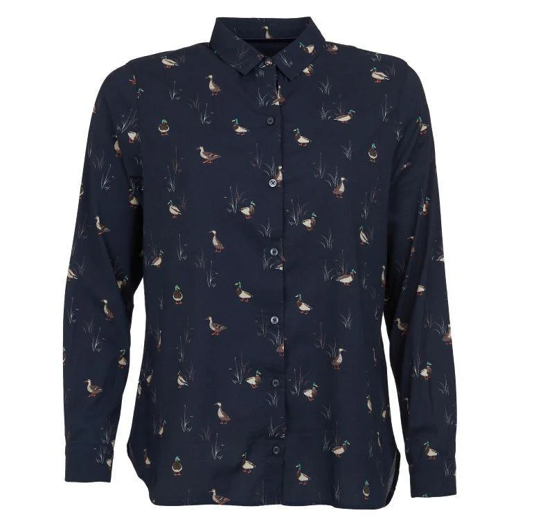 Barbour Brecon Duck Print Ladies Shirt - Navy Elegant Longline Short Shirt