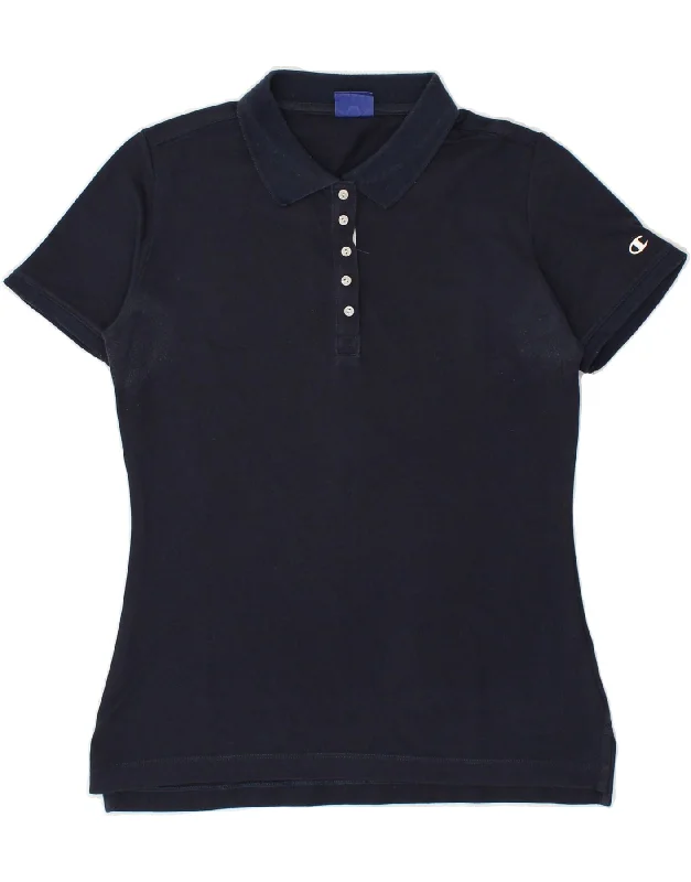 CHAMPION Womens Polo Shirt UK 12 Medium Navy Blue Comfortable Peplum Short Shirt