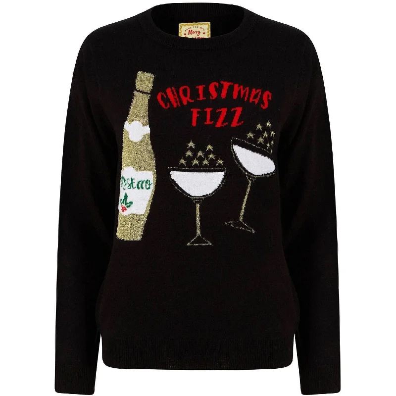 Christmas Fizz Lurex Glitter Womens Novelty Christmas Jumper - Black Real Fur Shearling Chenille Christmas Fizz Lurex Glitter Womens Novelty Christmas Jumper - Black Real Fur Shearling Chenille