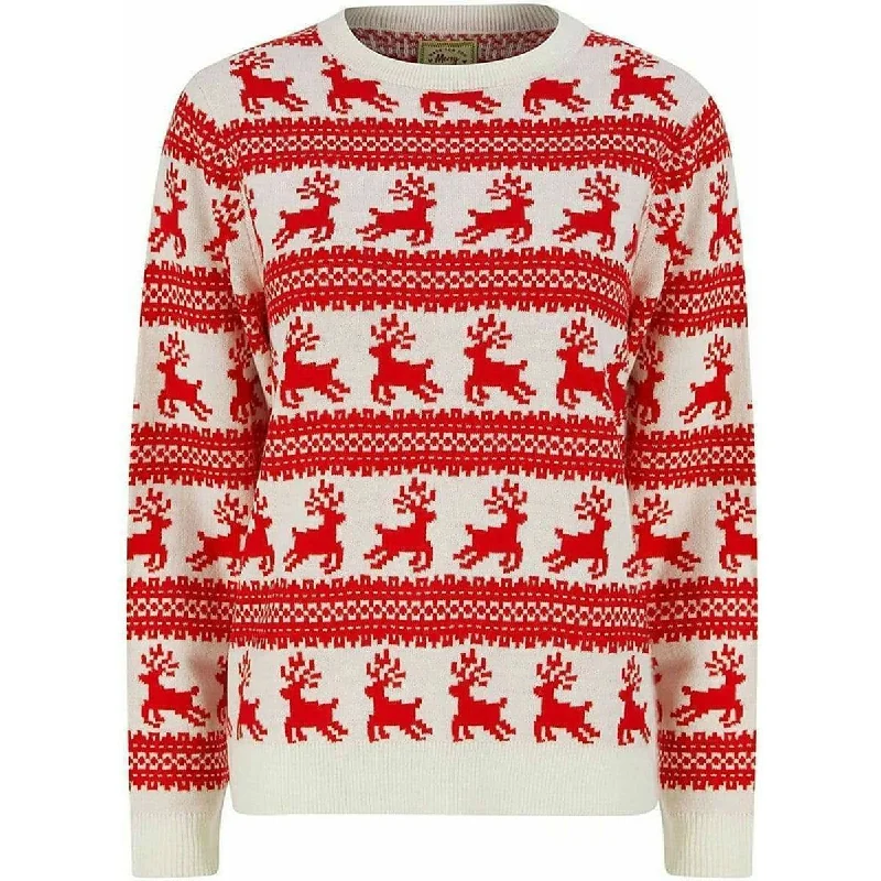 Christmas Leaping Reindeer Print Womens Christmas Jumper Mesh Sweater Canvas Denim
