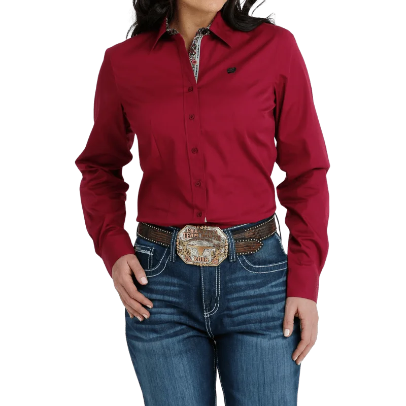 Cinch Women's Burgundy Long Sleeve Button Down Western Shirt MSW9165041 Casual Cotton Short Shirt