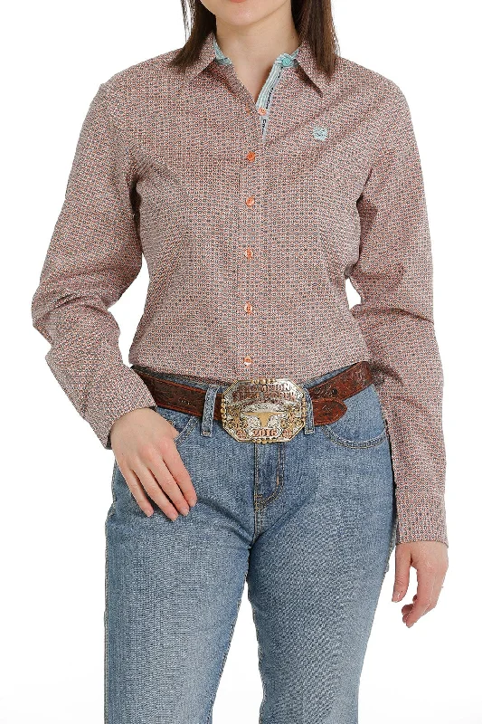 Cinch Women's Coral/Light Blue Print Long Sleeve Button Down Western Shirt MSW9165030 Elegant Off-Shoulder Short Shirt