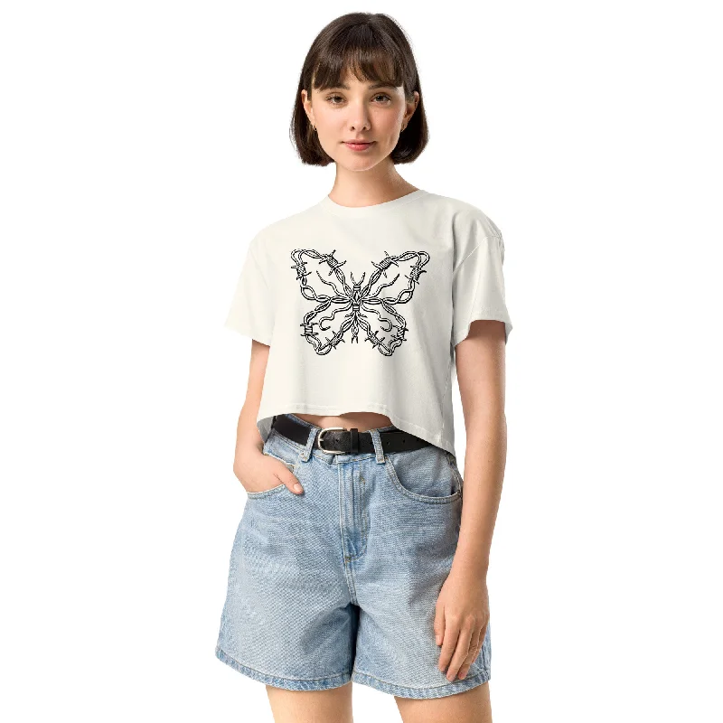 Cropped Tshirt Top Crew Neck BUTTERFLY Comfortable Short Sleeve Blouse